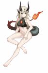  1girl absurdres arknights bare_shoulders black_bra blonde_hair blush bottomless bra collarbone convenient_hand dragon_girl dragon_horns dragon_tail flame-tipped_tail green_eyes hair_ornament highres horns invisible_chair long_hair looking_at_viewer navel reed_(arknights) ribbed_bra simple_background sitting solo tail underwear user_fdkc7273 white_background 
