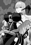  1girl animenokuni armpits backless_outfit bangs black_gloves breasts eyebrows_hidden_by_hair floral_background flower gloves greyscale hair_between_eyes hand_on_own_chest large_breasts long_hair looking_at_viewer monochrome pantyhose petals rose rose_background saber_(weapon) selvaria_bles senjou_no_valkyria_(series) senjou_no_valkyria_1 sheath sheathed simple_background sleeve_cuffs sleeveless solo sword upper_body weapon 