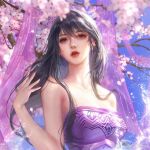  1girl artist_request bare_shoulders blue_sky branch cherry_blossoms dress duanmu_rong_(qin_shi_ming_yue) from_below highres long_hair open_mouth purple_dress purple_eyes qin_shi_ming_yue second-party_source shiny shiny_hair shiny_skin sky solo sparkle splashing strapless strapless_dress teeth upper_body upper_teeth 
