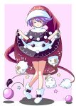  1girl blue_hair doremy_sweet dream_soul dream_world_(touhou) dress hat highres multicolored_clothes multicolored_dress nightcap nightgown pom_pom_(clothes) red_headwear sheep short_hair solo tail touhou zenji029 