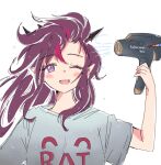  1girl blush_stickers drying drying_hair hair_dryer hololive hololive_english horns irys_(hololive) long_hair mangotaingo one_eye_closed pointy_ears purple_eyes purple_hair shirt virtual_youtuber wet wet_hair white_shirt 