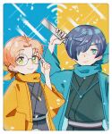  2boys adjusting_eyewear arm_up blue_eyes blue_scarf freckles green_eyes hair_over_one_eye highres japanese_clothes jinnai_enta kimono kuji_toi looking_at_viewer male_focus multiple_boys qi_yushi ruler sarazanmai scarf simple_background smile two-tone_background upper_body wide_sleeves yellow_scarf 