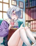  1girl alice_fiction artist_name bangs black_skirt bookshelf chair checkerboard_cookie chocolate_chip_cookie cookie cup day disposable_cup drink food grey_hair hair_ornament hair_over_one_eye hairclip kneehighs knees_up long_bangs natsume_koji painting_(object) purple_shirt shirt short_hair sitting skirt socks solo sunlight suspenders window 