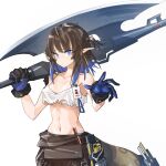  1girl arknights axe blue_eyes breasts brown_hair cleavage crop_top eunectes_(arknights) eunectes_(forgemaster)_(arknights) gradient_hair highres midriff multicolored_hair navel over_shoulder pointy_ears rhodes_island_logo tool_belt underboob weapon weapon_over_shoulder white_background work_gloves xiangcm3 