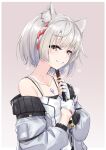  1girl animal_ear_fluff animal_ears bangs bob_cut breasts brown_background cat_ears collarbone flute gloves grey_jacket grin highres holding holding_instrument instrument jacket long_sleeves mio_(xenoblade) off_shoulder simple_background small_breasts smile solo spaghetti_strap white_gloves white_hair xenoblade_chronicles_(series) xenoblade_chronicles_3 yellow_eyes zooanime 