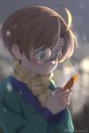  1boy ahoge artist_name blurry blurry_background brown_hair coat dondoko_mozutaro glasses green_coat green_eyes highres holding holding_phone jinnai_enta male_focus outdoors phone sarazanmai scarf snowing solo upper_body yellow_scarf 