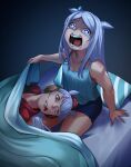  2girls animal_ears aqua_bow bangs bed blanket blunt_bangs bow crying ear_bow ear_covers gold_ship_(umamusume) grey_hair highres horse_ears horse_girl light_purple_hair long_hair mejiro_mcqueen_(umamusume) multiple_girls open_mouth parody pillbox_hat pillow purple_eyes red_eyes scene_reference shorts tank_top the_godfather tongue tongue_out umamusume voodoothur 