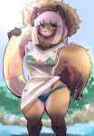  2022 anthro bikini breasts canid canine clothing female fur green_eyes hat headgear headwear inflatable inner_tube kemono mammal raccoon_dog setouchi_kurage shirt solo swimwear tanuki topwear translucent translucent_clothing 