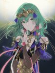  1girl blue_dress braid breasts byleth_(fire_emblem) byleth_(fire_emblem)_(female) circlet clothing_cutout commentary cosplay dress fire_emblem fire_emblem:_three_houses fire_emblem_heroes gold_trim green_eyes green_hair highres long_hair looking_at_viewer medium_breasts multicolored_hair official_alternate_costume pana_(87) parted_lips pink_hair pink_ribbon ribbon shoulder_cutout side_braids smile solo sothis_(fire_emblem) sothis_(fire_emblem)_(cosplay) twin_braids upper_body white_hair white_ribbon 