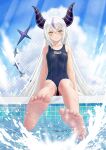  1girl absurdres ahoge andy2465 barefoot cloud covered_navel foreshortening grey_hair highres hololive horns la+_darknesss long_hair multicolored_hair pointy_ears pool poolside purple_hair school_swimsuit sky smile soles solo splashing streaked_hair swimsuit tail toes virtual_youtuber water yellow_eyes 