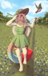  2022 absurd_res anthro avian barefoot bird blue_eyes bow_hat bow_ribbon can canid canine canis claws clenched_teeth clothing cloud container detailed_background digital_drawing_(artwork) digital_media_(artwork) dress feet female fikanori flower_field fur grass green_bow green_clothing green_dress hair hat headgear headwear hi_res long_hair looking_up mammal multicolored_body multicolored_fur open_mouth paws plant raised_arms red_claws sky smile solo straw_hat striped_body striped_fur stripes teeth the_real_wolf_artist_(character) tree watermark white_hair 