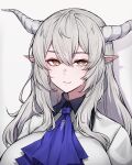  1girl absurdres alternate_costume arknights ascot bangs blue_ascot breasts closed_mouth grey_hair highres horns large_breasts long_hair looking_at_viewer pointy_ears rikuguma shining_(arknights) shirt simple_background smile solo upper_body white_background white_shirt yellow_eyes 