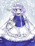  artist_name blue_dress blush dress frilled_dress frills hand_up hat highres letty_whiterock light_purple_hair looking_at_viewer medium_hair mob_cap perfect_cherry_blossom purple_eyes purple_hair smile snow snowflakes snowing soldierburger touhou wavy_hair white_dress 