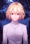  1girl antenna_hair arcueid_brunestud bangs blonde_hair breasts closed_mouth cloud commentary_request dorothy_xi evil_smile hair_between_eyes highres jewelry looking_at_viewer medium_breasts moon necklace night night_sky outdoors red_eyes short_hair single_hair_intake sky slit_pupils smile solo sweater tree tsukihime tsukihime_(remake) turtleneck turtleneck_sweater upper_body white_sweater 