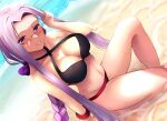  1girl absurdres beach belly bikini black_bikini black_swimsuit bracelet braid breasts fate/grand_order fate/hollow_ataraxia fate/stay_night fate_(series) glasses highres jewelry large_breasts legs lips long_hair looking_at_viewer medusa_(fate) medusa_(rider)_(fate) navel on_floor purple_eyes purple_hair relpama ribbon sitting smile solo swimsuit thighs very_long_hair water wet 