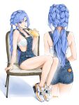  1girl arm_support ass bandeau bare_arms bare_legs bare_shoulders blue_eyes blue_hair braid candy chaesu chair commentary cup disposable_cup drinking facing_away food french_braid from_behind highres holding holding_cup legs_together lollipop long_hair midriff minah_(chaesu) multiple_views no_socks original overall_shorts overalls shoes signature simple_background sitting sneakers standing strapless symbol-only_commentary thighs tube_top twin_braids twintails very_long_hair white_background white_footwear 