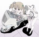  1girl black_eyes blonde_hair cyborg ground_vehicle highres holding holding_hair kickstand leaning_forward looking_at_viewer motor_vehicle motorcycle original smile solo sukabu twintails 