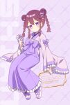  1girl bow braid cellphone denonbu double_bun frills hair_bow hair_bun hakama hakama_skirt inubousaki_shian japanese_clothes koruri long_sleeves looking_at_viewer miko phone purple_eyes ribbon sitting skirt smartphone solo twin_braids wide_sleeves 