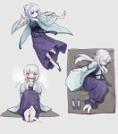  1girl absurdres blue_eyes blush bound chinese_clothes dress gag hanfu highres jumping long_hair lying multiple_views on_side original pantyhose shoes shoes_removed sidelocks simple_background smile tickling too-ye white_background white_pantyhose wide_sleeves 