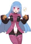  1girl :d ass_visible_through_thighs blue_hair bodysuit covered_navel fang gloves hands_up highres kula_diamond legs_together long_hair looking_at_viewer musical_note open_mouth pink_eyes simple_background smile solo spoken_musical_note standing sumiyao_(amam) the_king_of_fighters thigh_gap white_background yellow_gloves 