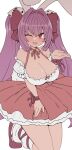  1girl animal_ears blush breasts cleavage di_gi_charat dice_hair_ornament fang hair_ornament halterneck hand_up highres large_breasts long_hair looking_at_viewer neck_ribbon one_eye_closed purple_hair rabbit_ears red_eyes red_footwear red_ribbon red_skirt ribbon shoes simple_background skirt smile socks sumiyao_(amam) twintails usada_hikaru very_long_hair white_background white_socks wristband 
