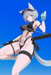  1girl :d animal_ear_fluff animal_ears arm_strap bare_shoulders between_breasts black_gloves black_leotard blue_background blue_eyes breasts buckle covered_navel cup drink drinking_glass fingerless_gloves food fruit gloves gradient gradient_background grey_hair hair_ornament hairclip highres holding holding_cup impossible_clothes impossible_leotard large_breasts leg_up lemon lemon_slice leotard looking_at_viewer navel original parted_lips see-through short_hair smile solo standing standing_on_one_leg tail thigh_strap tsukira_(amayadori) 