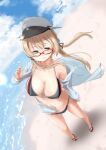  1girl anchor_hair_ornament aqua_eyes beach bespectacled bikini blonde_hair blue_sky breasts cleavage cloud commentary_request day fyuo glasses hair_ornament hat highres horizon kantai_collection large_breasts long_hair multicolored_bikini multicolored_clothes ocean outdoors peaked_cap perspective prinz_eugen_(kancolle) red-framed_eyewear sandals sky solo standing swimsuit twintails 