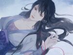  1girl armband black_hair breasts chinese_clothes closed_mouth duanmu_rong_(qin_shi_ming_yue) expressionless highres long_hair lying medium_breasts on_back qin_shi_ming_yue short_sleeves snowing solo string string_of_fate upper_body white_background yie_mo_shuang_jue 