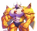  abs animal_humanoid anthro armor bandai_namco biceps digimon digimon_(species) green_eyes hi_res horn humanoid looking_at_viewer male mask muscular muscular_anthro muscular_male pecs scalie scalie_humanoid shaded solo vein veiny_muscles wargreymon yellow_body yongdasom 