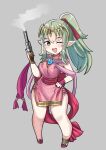  1girl chest_jewel chibi desspie fire_emblem fire_emblem:_three_houses green_eyes green_hair gun highres holding holding_gun holding_weapon one_eye_closed pointy_ears ponytail solo thighhighs thighs tiki_(fire_emblem) weapon 