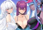  3girls absurdres ahoge bangs bare_shoulders bikini black_bikini black_swimsuit blue_hair blue_sky blush body_markings breast_press breasts cleavage collarbone colored_skin earrings fate/grand_order fate_(series) frilled_bikini frills green_bikini grey_skin hair_between_eyes highres horns ibuki_douji_(fate) ibuki_douji_(swimsuit_berserker)_(fate) jewelry kuroeart large_breasts long_hair looking_at_viewer merlin_(fate/prototype) merlin_(fate/prototype)_(swimsuit_pretender) multicolored_hair multiple_girls one-piece_swimsuit oni oni_horns pink_hair pink_headwear pink_swimsuit pointy_ears ponytail purple_eyes purple_hair red_eyes scathach_(fate) scathach_skadi_(fate) scathach_skadi_(swimsuit_ruler)_(fate) sidelocks sky smile swimsuit tail two-tone_bikini two-tone_swimsuit very_long_hair visor_cap white_bikini white_hair 