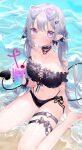  1girl beach bikini blue_eyes blush breasts demon demon_girl garter_straps grey_hair heart highres long_hair looking_at_viewer looking_up multicolored_eyes original pointy_ears purple_eyes remimim sand sitting small_breasts solo sunglasses swimsuit wariza water wavy_hair 