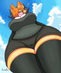  absurd_res anthro black_clothing black_hair bottomwear breasts canid canine cheek_tuft cleavage clothed clothing eyelashes facial_tuft female fox fur hair hair_over_eye hi_res jhenightfox julie_(jhenightfox) low-angle_view mammal one_eye_obstructed orange_body orange_fur orange_hair solo thick_thighs tuft wide_hips worm&#039;s-eye_view yellow_body yellow_fur 