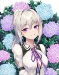  1girl absurdres ahoge bangs blue_flower breasts buttons clothing_cutout collared_shirt commentary flower grey_hair grin hair_between_eyes hair_intakes head_tilt highres hydrangea ine_(vtuber) leaf long_hair long_sleeves looking_at_viewer neck_ribbon pink_flower ponytail purple_eyes purple_flower purple_ribbon ribbon sarika shiny shiny_hair shirt sidelocks small_breasts smile solo upper_body virtual_youtuber waktaverse white_background white_shirt 