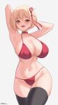  1girl :d absurdres armpits arms_behind_head arms_up bikini black_thighhighs blonde_hair breasts choker hair_ribbon highres honeymark large_breasts lycoris_recoil navel nishikigi_chisato one_side_up open_mouth red_bikini red_choker red_eyes red_ribbon ribbon short_hair simple_background smile solo stomach swimsuit thighhighs thighs white_background 