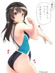  1girl bare_arms bare_legs bare_shoulders black_hair blush competition_swimsuit cowboy_shot hair_between_eyes kantai_collection long_hair looking_at_viewer one-piece_swimsuit oyashio_(kancolle) parted_lips simple_background solo speech_bubble swimsuit takase_muh translation_request twitter_username white_background yellow_eyes 
