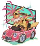  2022 ambiguous_gender car duo eeveelution eyewear feral fur generation_1_pokemon hi_res jolteon nintendo oisisabatugun palm_tree pikachu plant pok&eacute;mon pok&eacute;mon_(species) semi-anthro sitting sunglasses tree vehicle video_games yellow_body yellow_fur 