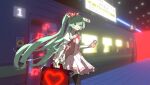  1girl :o absurdres bangs blue_eyes blurry blurry_background cellphone commentary detached_collar dress eap444 glowing green_hair ground_vehicle hair_ribbon hairband hatsune_miku heart highres holding holding_phone holding_suitcase juliet_sleeves long_hair long_sleeves open_mouth phone pleated_dress puffy_sleeves ribbon rolling_suitcase smartphone solo suitcase thighhighs train train_station twintails very_long_hair vocaloid walking 