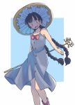  1girl adapted_costume ajirogasa black_hair blush braid buttons collarbone dress feet_out_of_frame grey_dress hat holding long_hair open_mouth rangycrow sleeveless sleeveless_dress smile solo touhou twin_braids yatadera_narumi 