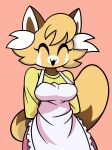  2022 ailurid anthro apron brown_body chikn_nuggit clothing digital_media_(artwork) dress eyes_closed female fur hands_behind_back head_tuft hi_res inner_ear_fluff mammal markings multicolored_body open_mouth open_smile pink_background red_panda sassparilla_(chikn_nuggit) simple_background smile smutdoodle solo tan_body tan_fur tuft white_body 