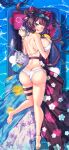  1girl absurdres akirannu ass back bangs bare_shoulders beads belt bikini blue_eyes bracelet breasts cleavage fate/grand_order fate_(series) floral_print goggles goggles_on_head hair_ornament highres jewelry katsushika_hokusai_(fate) katsushika_hokusai_(swimsuit_saber)_(fate) large_breasts long_hair looking_at_viewer looking_back navel obi purple_hair sash sidelocks smile solo swimsuit thigh_strap white_bikini 