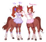  2girls :d animal_ears bangs blue_bow blue_bowtie blue_dress bow bowtie bridal_garter brown_hair centaur closed_mouth commentary_request daiwa_scarlet_(umamusume) dress ear_ornament fang flower-shaped_pupils flower_in_eye full_body hair_between_eyes hair_intakes hairband highres holding holding_paper horse_ears horse_tail kneehighs korean_commentary korean_text long_hair mixed-language_commentary monster_girl monsterification multiple_girls multiple_legs notice_lines open_mouth paper parted_bangs pink_bow pink_bowtie pink_dress pink_eyes ponytail red_eyes sakura_bakushin_o_(umamusume) short_sleeves sidelocks simple_background skin_fang smile socks ss_fraternity standing symbol-shaped_pupils symbol_in_eye tail taur test_score_(paper) translation_request twintails umamusume very_long_hair white_background white_socks younger 