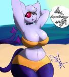  2022 anthro avery_(gazaster) beach big_breasts bikini biped breasts clothed clothing dialogue digital_media_(artwork) eeveelution english_text espeon female fur fusion gazaster hair hand_behind_head hi_res looking_at_viewer markings multicolored_body navel nintendo one_eye_closed open_mouth outside pok&eacute;mon pok&eacute;mon_(species) pok&eacute;mon_fusion purple_body purple_skin raised_arms red_sclera seaside shinx signature simple_background skimpy skindentation solo speech_bubble swimwear text thick_thighs two_tone_body video_games water wide_hips yellow_bikini yellow_clothing yellow_swimwear 