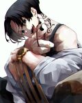  1boy artist_name bare_shoulders bishounen black_eyes black_hair black_nails chair chromatic_aberration finger_gun fingernails half-closed_eyes highres inkspirate male_focus neck_tattoo open_mouth pointing pointing_at_viewer sano_manjirou simple_background smile solo tattoo teeth tokyo_revengers tongue upper_teeth watch white_background wristwatch 