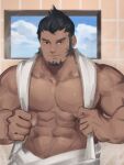  bara bare_pectorals bathing beard facial_hair hydaus pectorals sainglain_(ixion_saga_dt) sideburns steam towel 