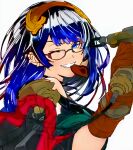  1girl character_name chocolate choker close-up dark_blue_hair earrings framed glasses granblue_fantasy hair_ornament heart heart_in_mouth illnott jewelry one_eye_closed paint paint_gun painting_(action) saya_atena smile upper_body valentine white_background 