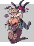  2girls ahoge alma_armas android animal_ears arm_between_breasts ass_visible_through_thighs between_breasts black_leotard blonde_hair blush breasts brown_eyes commentary_request covered_navel dark-skinned_female dark_skin dorothy_haze fake_animal_ears fishnet_pantyhose fishnets full_body glasses heart height_difference highres hug hug_from_behind huge_ahoge huge_breasts joints kneeling leotard long_hair mikiji multiple_girls pale_skin pantyhose playboy_bunny rabbit_ears red_eyes red_hair robot_joints see-through see-through_legwear short_hair spoken_blush strapless strapless_leotard thigh_gap v va-11_hall-a 