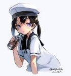  1girl black_hair black_sailor_collar bottle dated dress hat highres kangoku_kou kantai_collection one-hour_drawing_challenge purple_eyes sailor_collar sailor_dress sailor_hat short_hair short_sleeves shounan_(kancolle) simple_background solo twintails twitter_username upper_body white_background white_dress white_headwear 