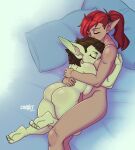  bed brown_hair butt croxot duo elf embrace eyes_closed feet female female/female furniture goblin hair hi_res hug humanoid humanoid_pointy_ears not_furry nude on_bed pillow red_hair 
