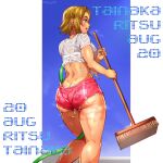  1girl ass back bangs bike_shorts blue_background broom brown_hair character_name dated highres hose k-on! keigi shirt short_hair solo steaming_body t-shirt tainaka_ritsu tied_shirt wet wet_clothes white_background yellow_eyes 